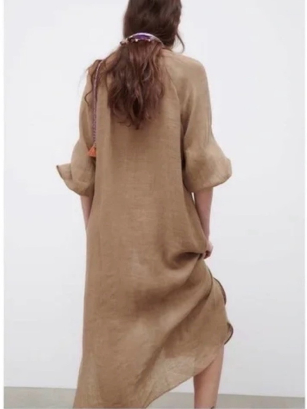 ZARA Tan 100% Linen Midi Shirt Dress - Picture 4 of 12